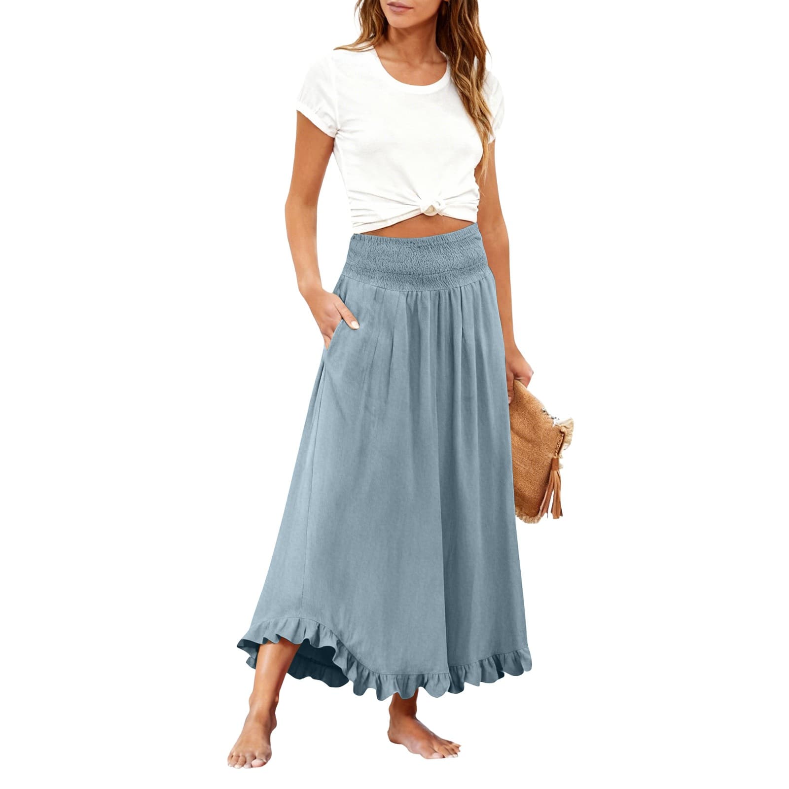 High-waisted Elastic-waist Long Skirt With Ruffled Hem 8