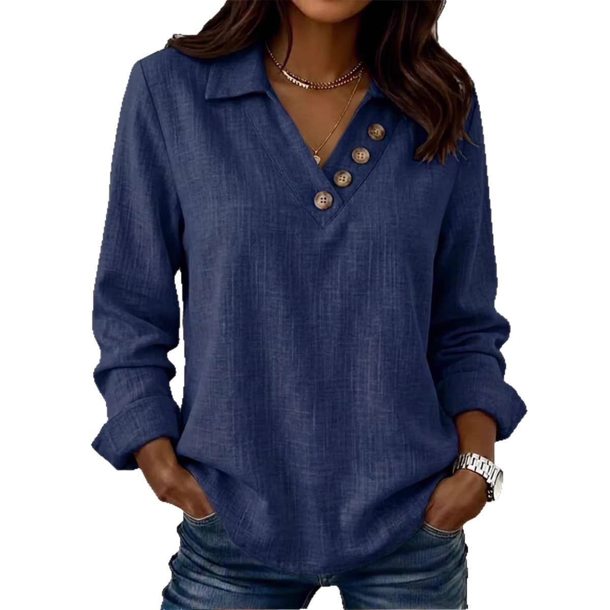 Versatile V-neck Button-up Retro Long-sleeve T-shirt 9