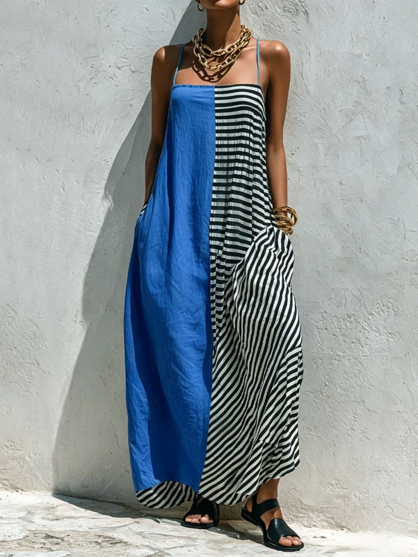 Printed Striped Strap Sleeveless Long Dress 8