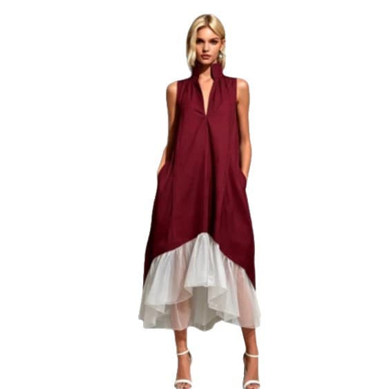 Color-block Stand-collar V-neck Asymmetrical Ruffled Dress 2