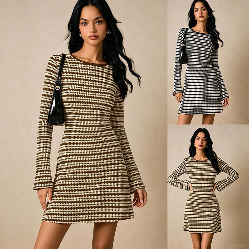 Womens Crew-Neck Pullover Contrast-Striped Knit Dress 4