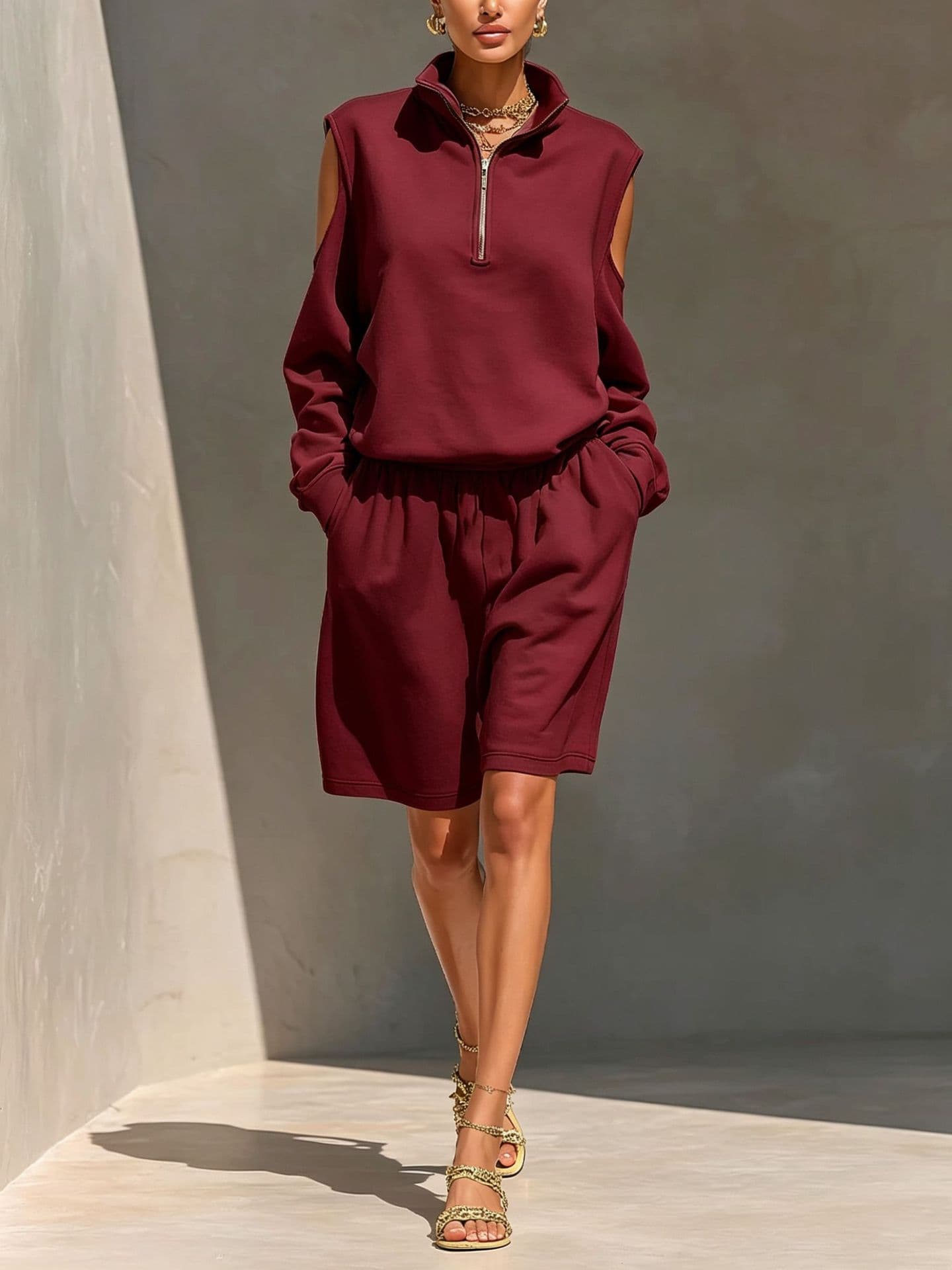 Half-zip Off-shoulder Sweatshirt And Relaxed-fit Shorts Set 3