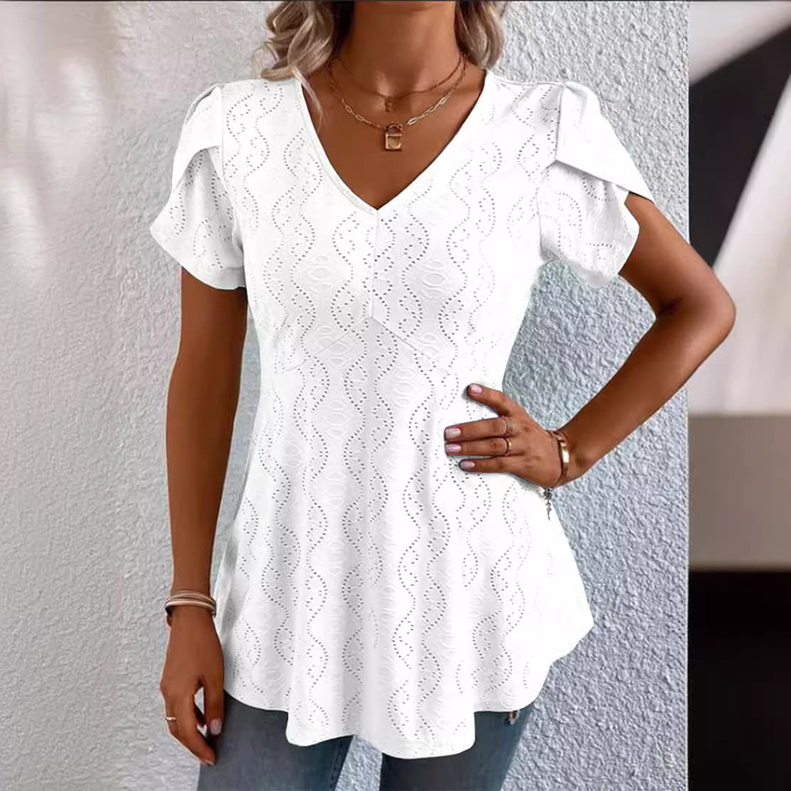 Solid-color V-neck Flutter-sleeve Casual 8