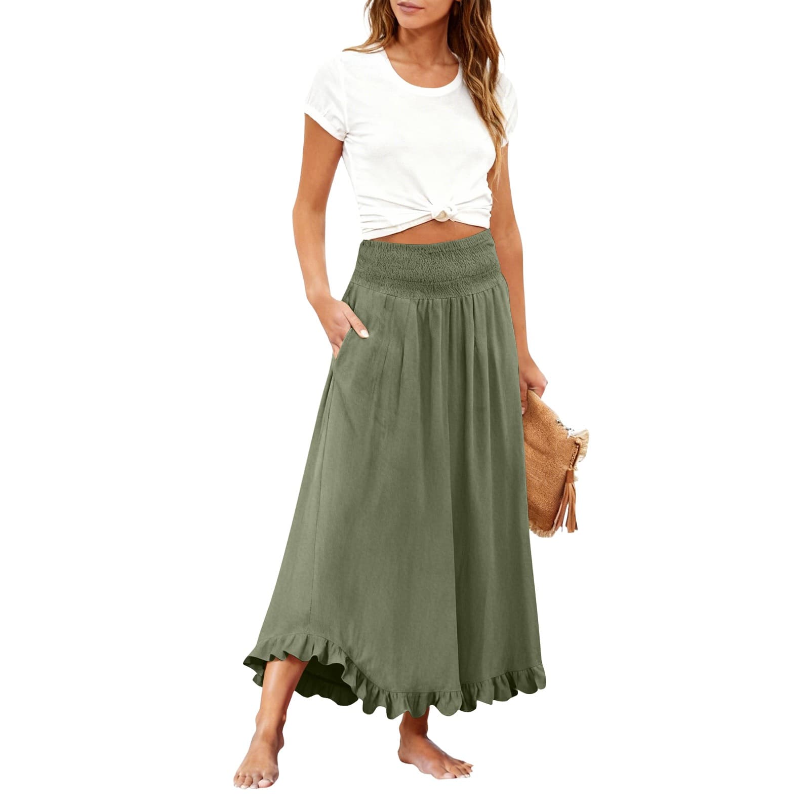 High-waisted Elastic-waist Long Skirt With Ruffled Hem 10