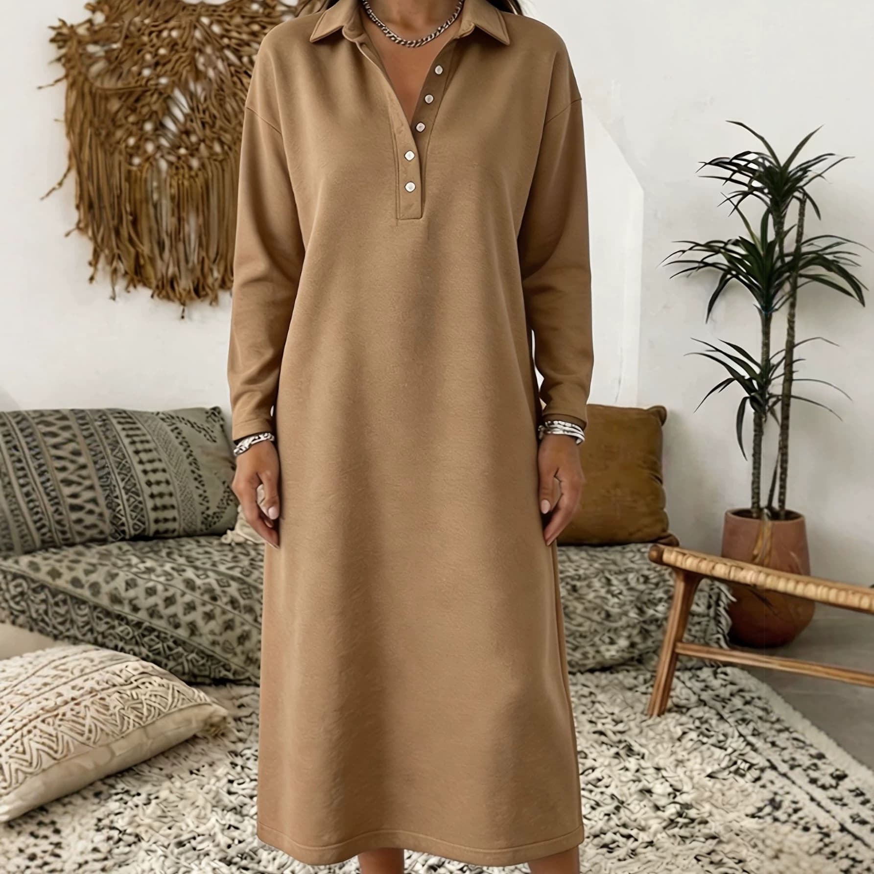Knitted Sweater Dress With A Shirt Collar And Long Sleeves Simple And Elegant 2