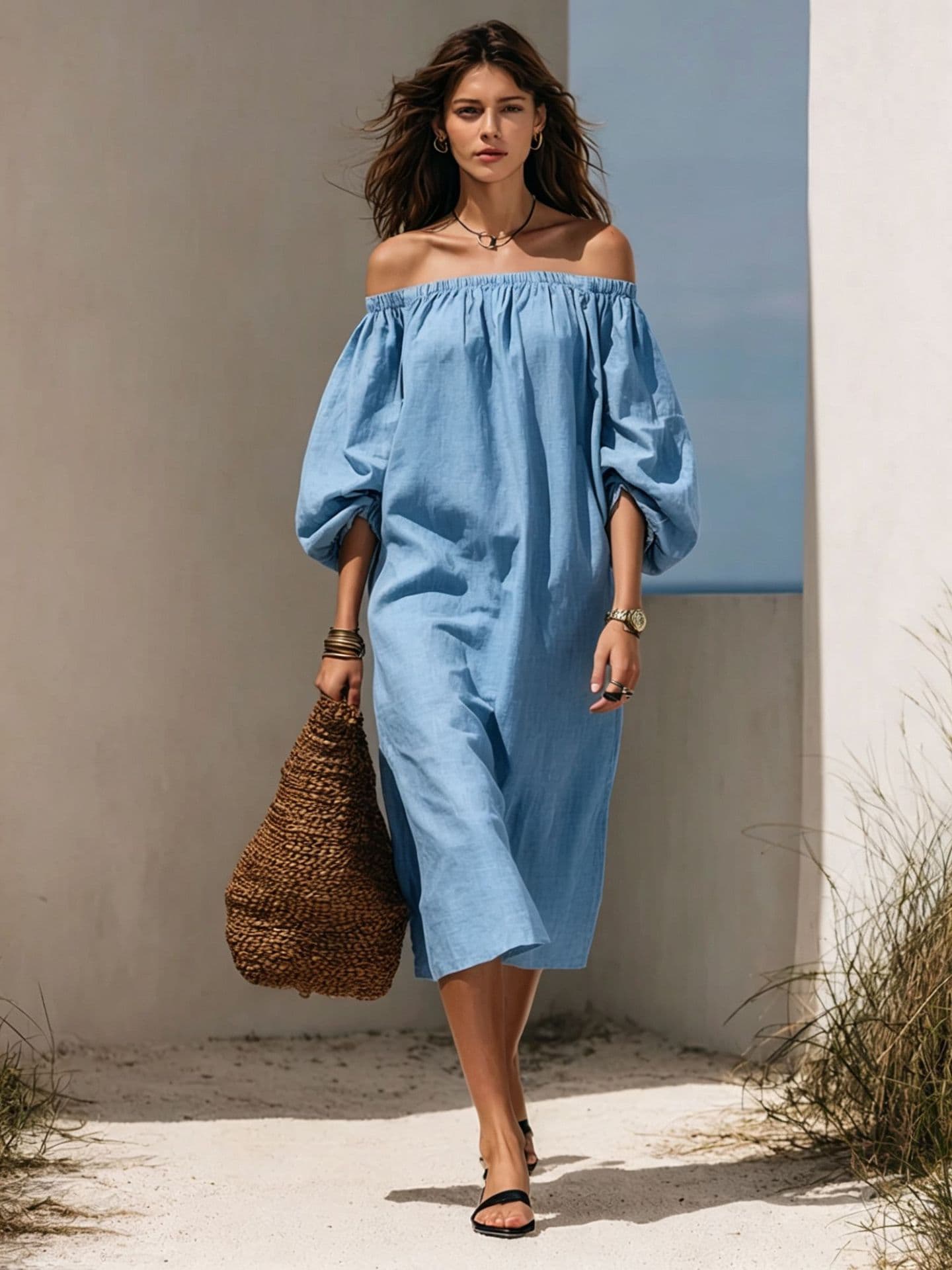 Womens Blended Off-shoulder Puff-sleeve Dress 6