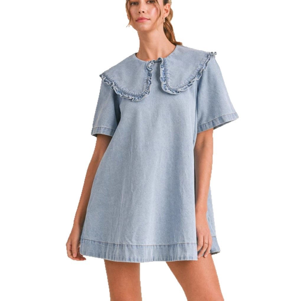 Womens Denim Dress With Lapel Collar And Flouncy Ruffle Hem 2