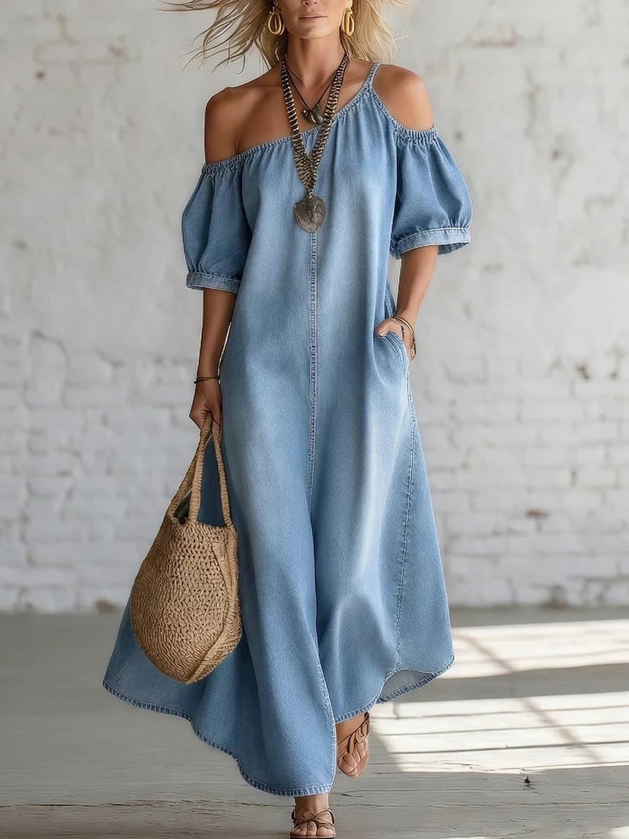 Loose-fit Chic Off-shoulder Slit Denim Maxi Dress 5
