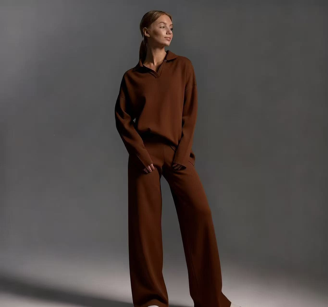 Womens Solid-color Polo-collar Wide-leg Pants Set 10
