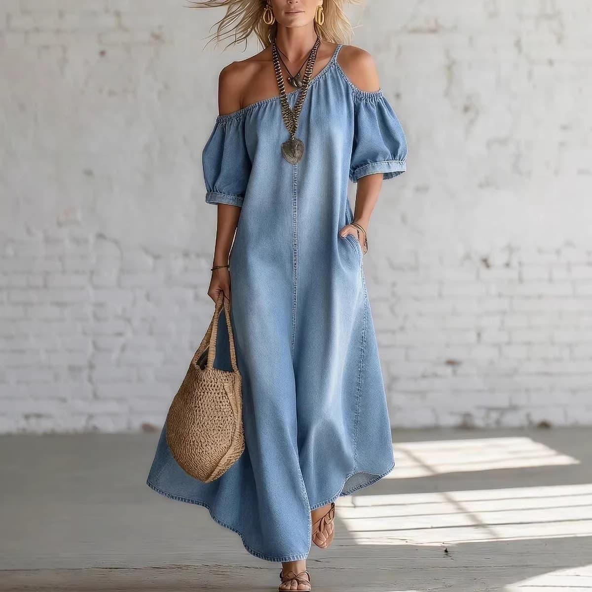 Loose-fit Chic Off-shoulder Slit Denim Maxi Dress 6