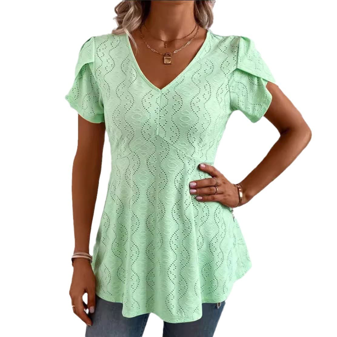 Solid-color V-neck Flutter-sleeve Casual 5