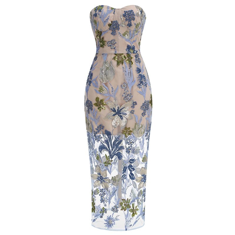 Embroidered Beaded Floral Strapless Dress For Women 4