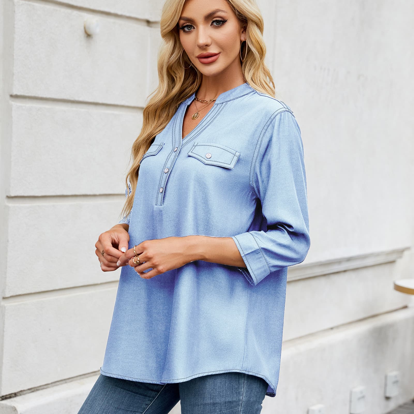Casual Loose-fit Faux Denim Long Shirt 5