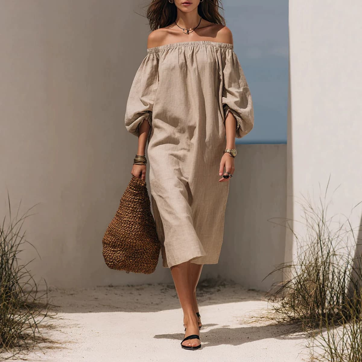 Womens Blended Off-shoulder Puff-sleeve Dress 2