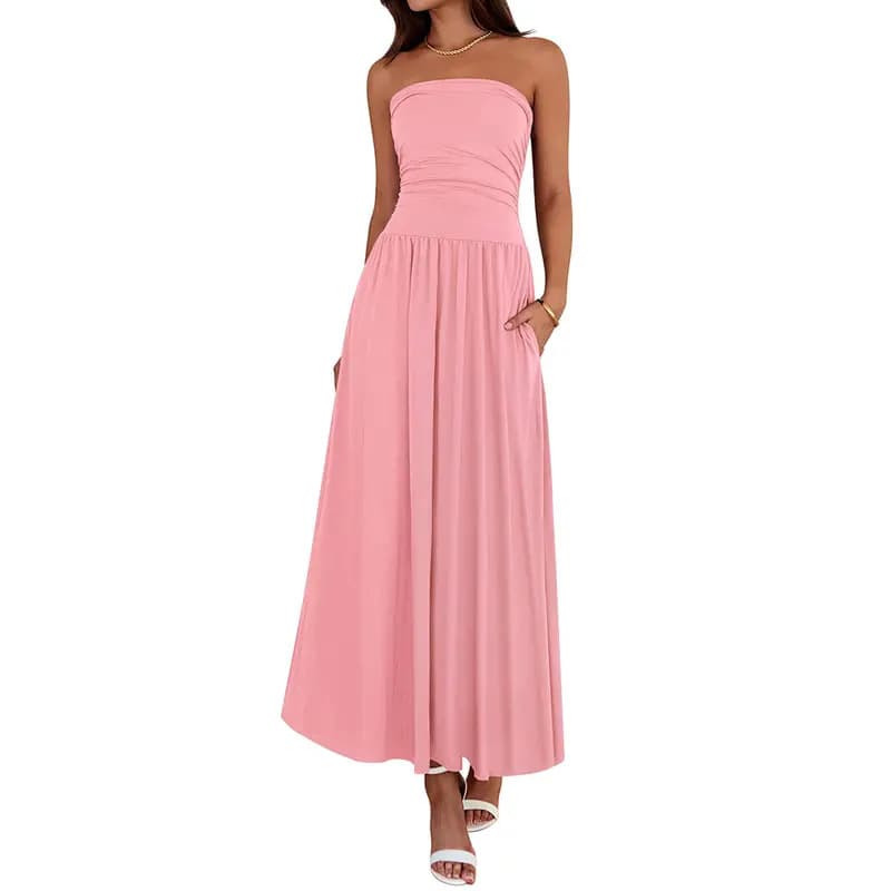 Vintage-tinged Pleated Patchwork Strapless Evening Dress 15