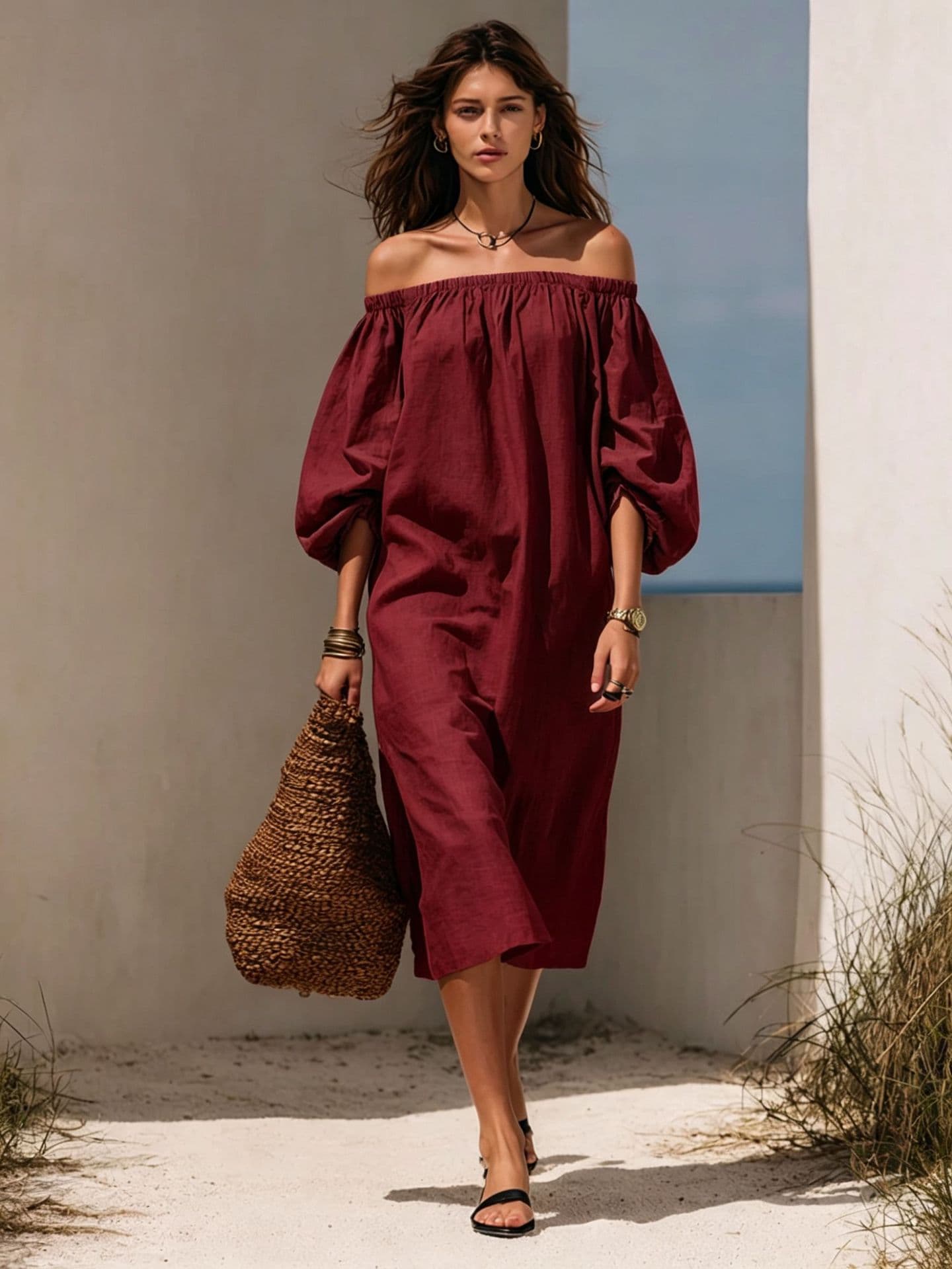 Womens Blended Off-shoulder Puff-sleeve Dress 3