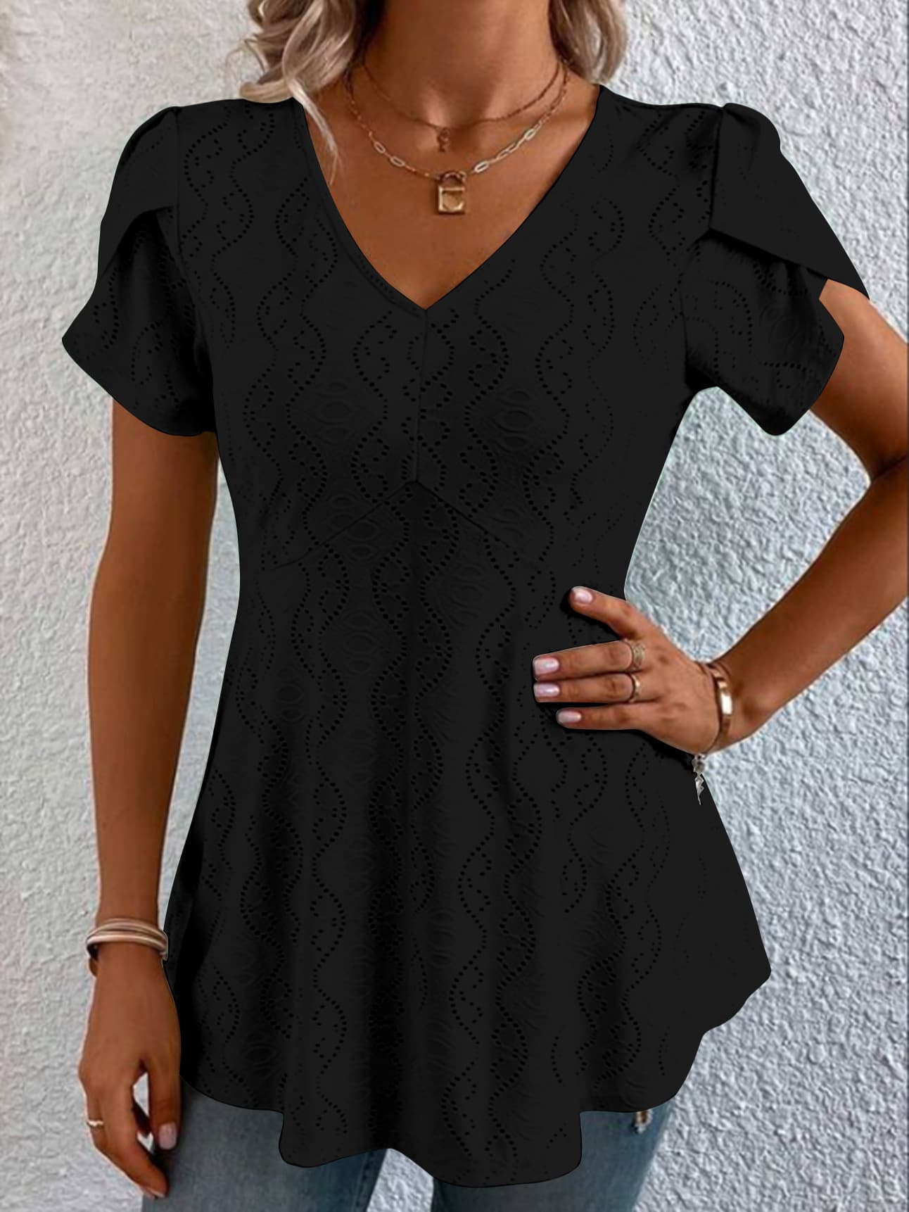 Solid-color V-neck Flutter-sleeve Casual 2