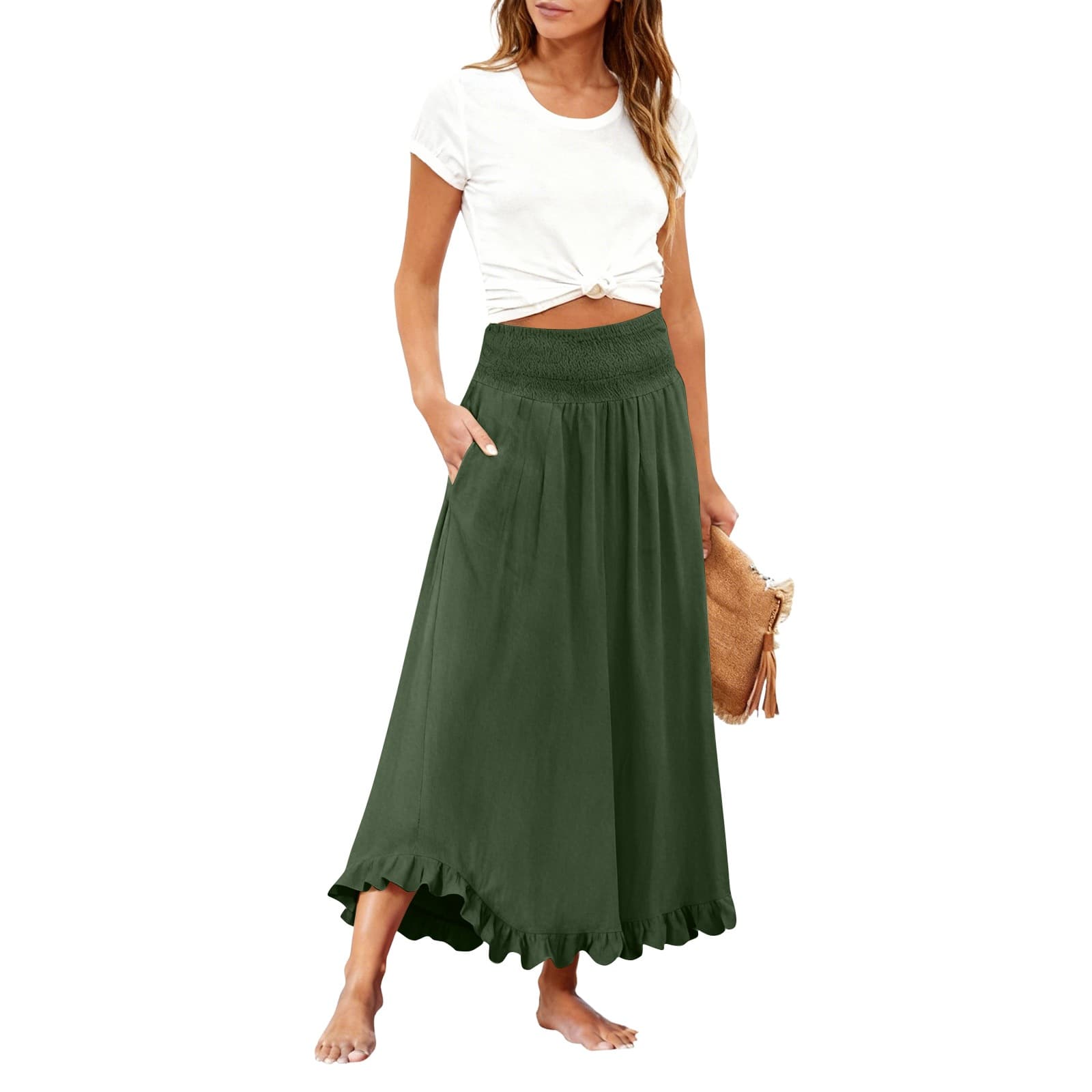 High-waisted Elastic-waist Long Skirt With Ruffled Hem 14