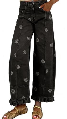 Floral-print Wide-leg Pants Loose-fitting Vintage-style Denim Imitations 11