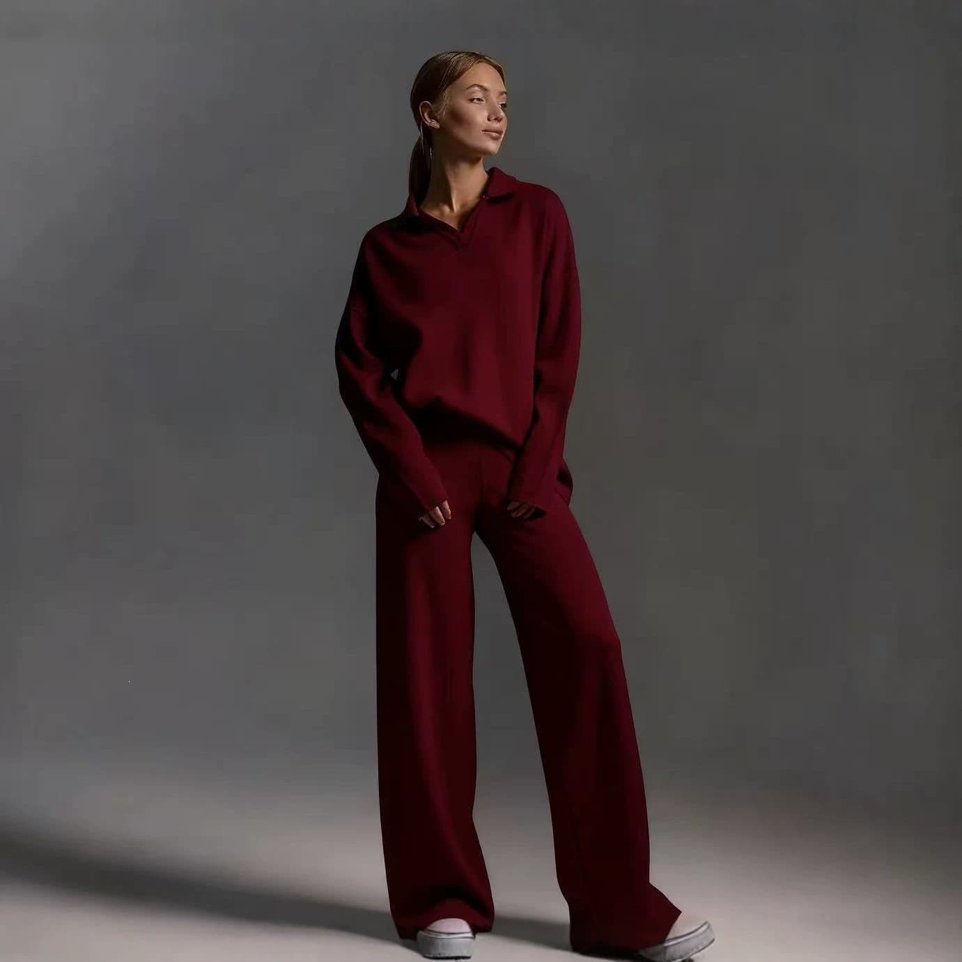 Womens Solid-color Polo-collar Wide-leg Pants Set 4