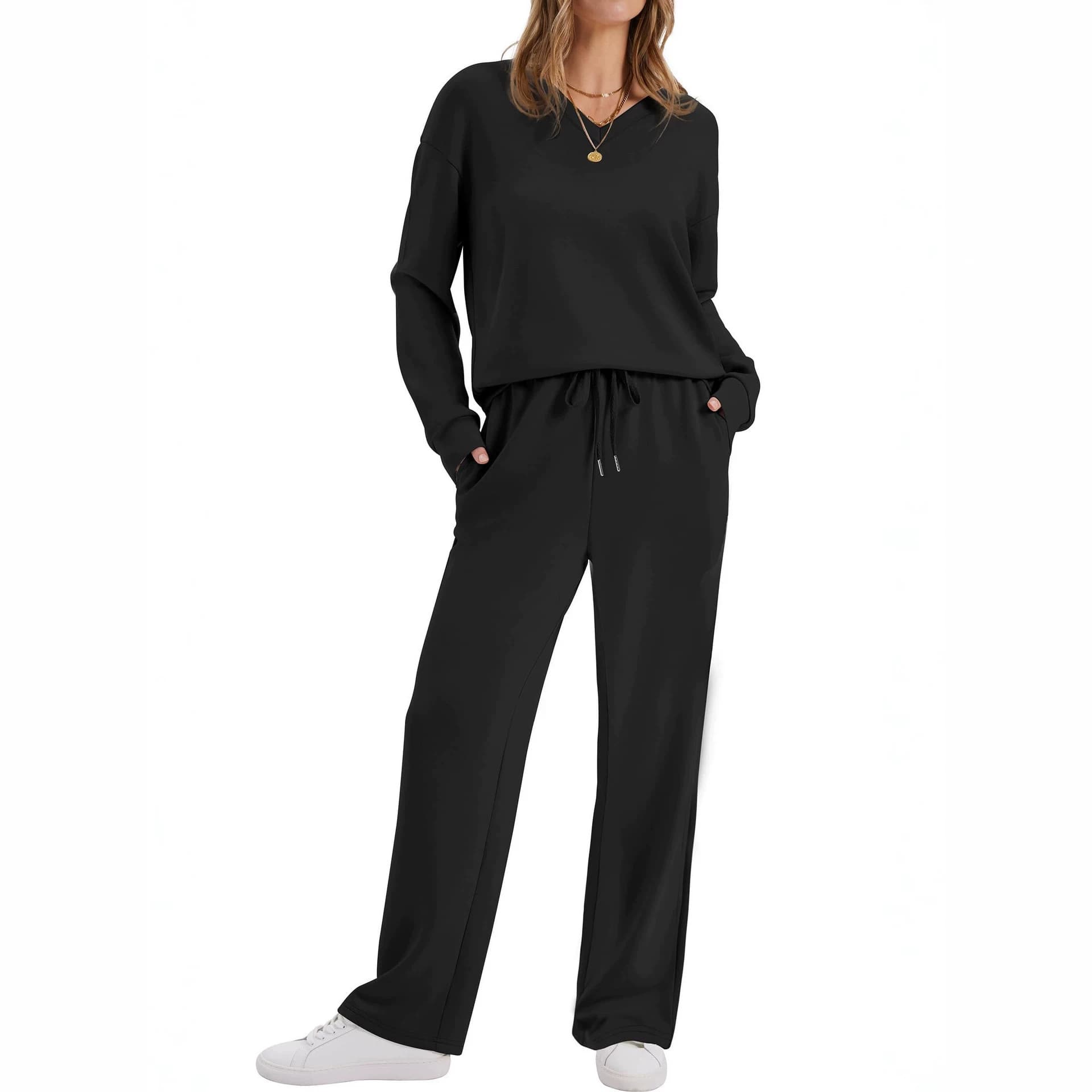 Womens Long-Sleeve Drawstring Casual Pants Set 3