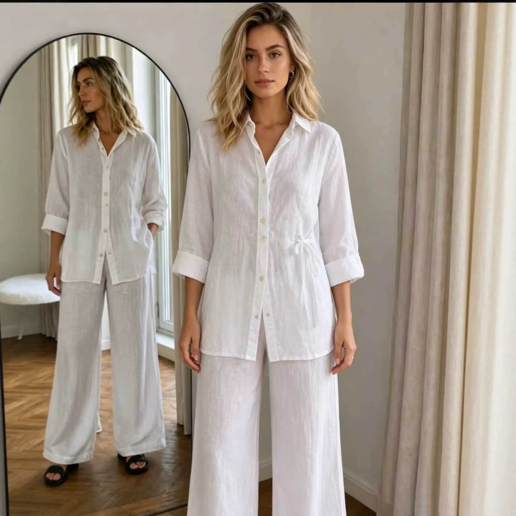 New Casual Solid-Color Trousers Summer Loose Single-Breasted Crepe Shirt Set 2