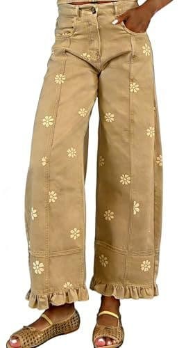 Floral-print Wide-leg Pants Loose-fitting Vintage-style Denim Imitations 7