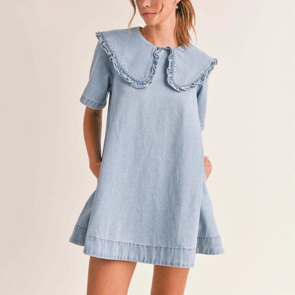 Womens Denim Dress With Lapel Collar And Flouncy Ruffle Hem 3