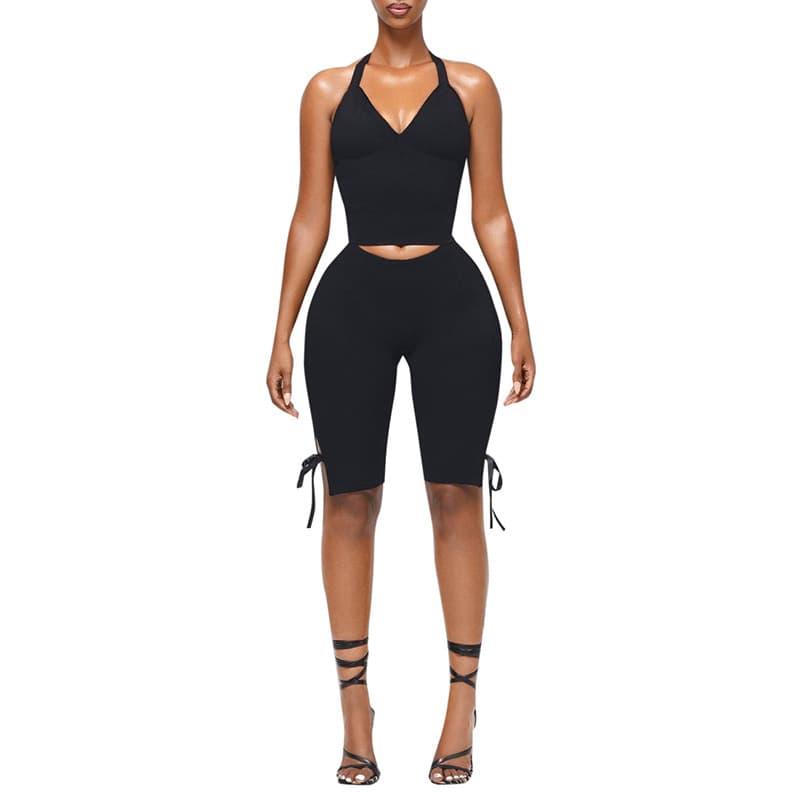 Womens Halterneck Strapless Tube Top And Bow-Knot Pants Solid-Color Set 7