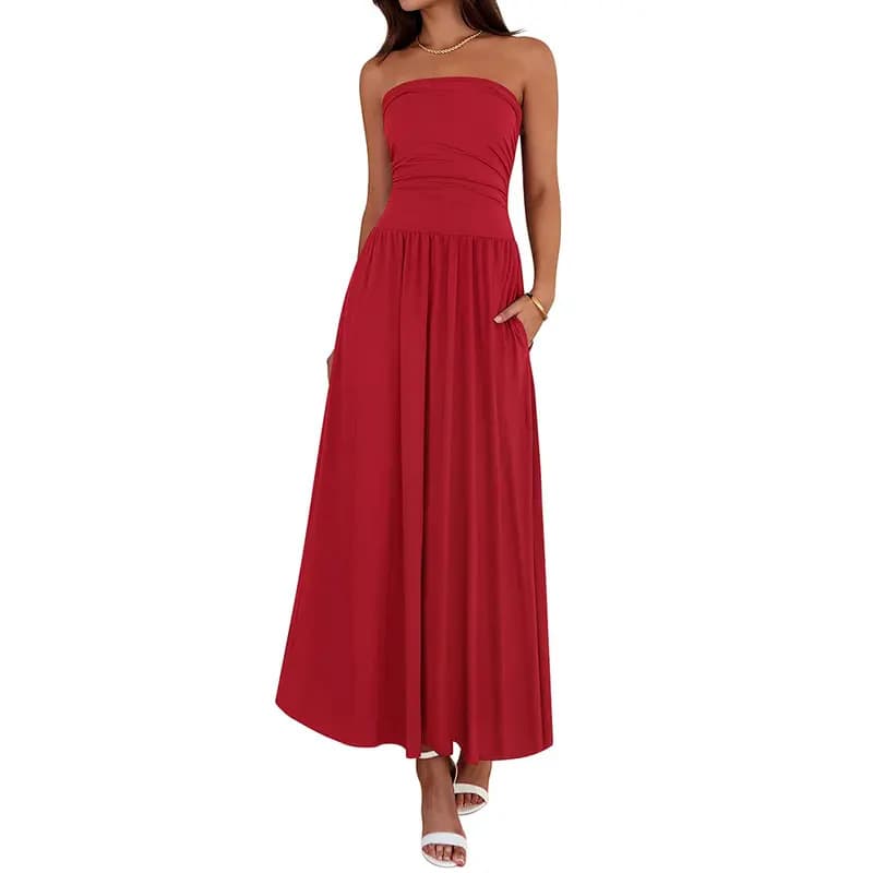 Vintage-tinged Pleated Patchwork Strapless Evening Dress 7