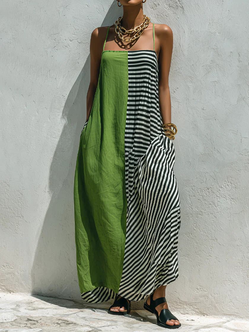 Printed Striped Strap Sleeveless Long Dress 9