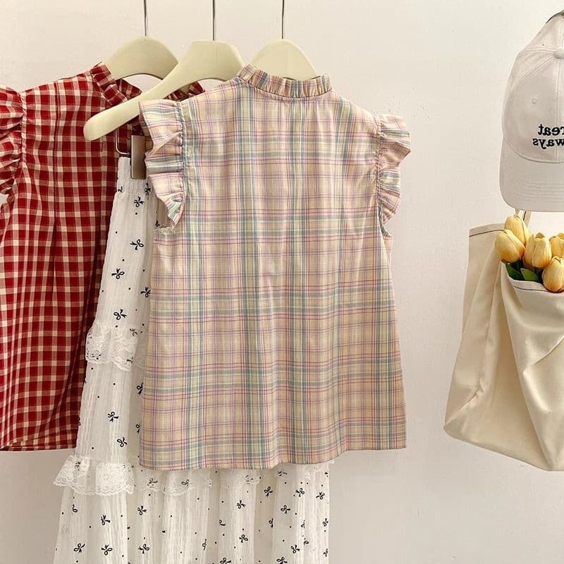 Red Plaid Slimming Sleeveless Shirt For Women 4