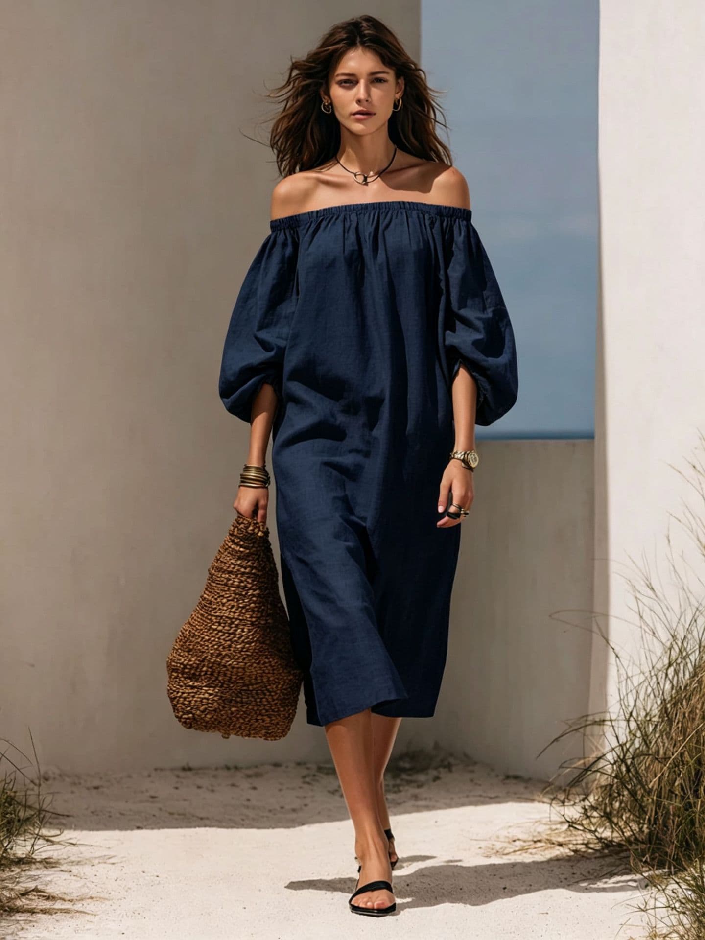Womens Blended Off-shoulder Puff-sleeve Dress 4