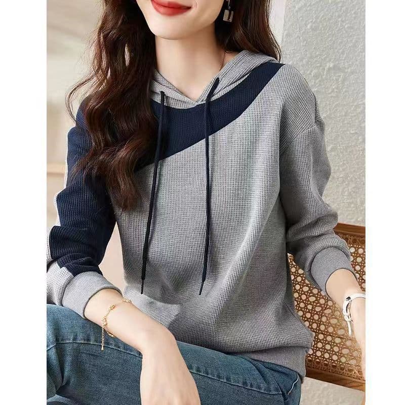 Color-block Hooded Drawstring Sweatshirt Womens Loose Fit 4