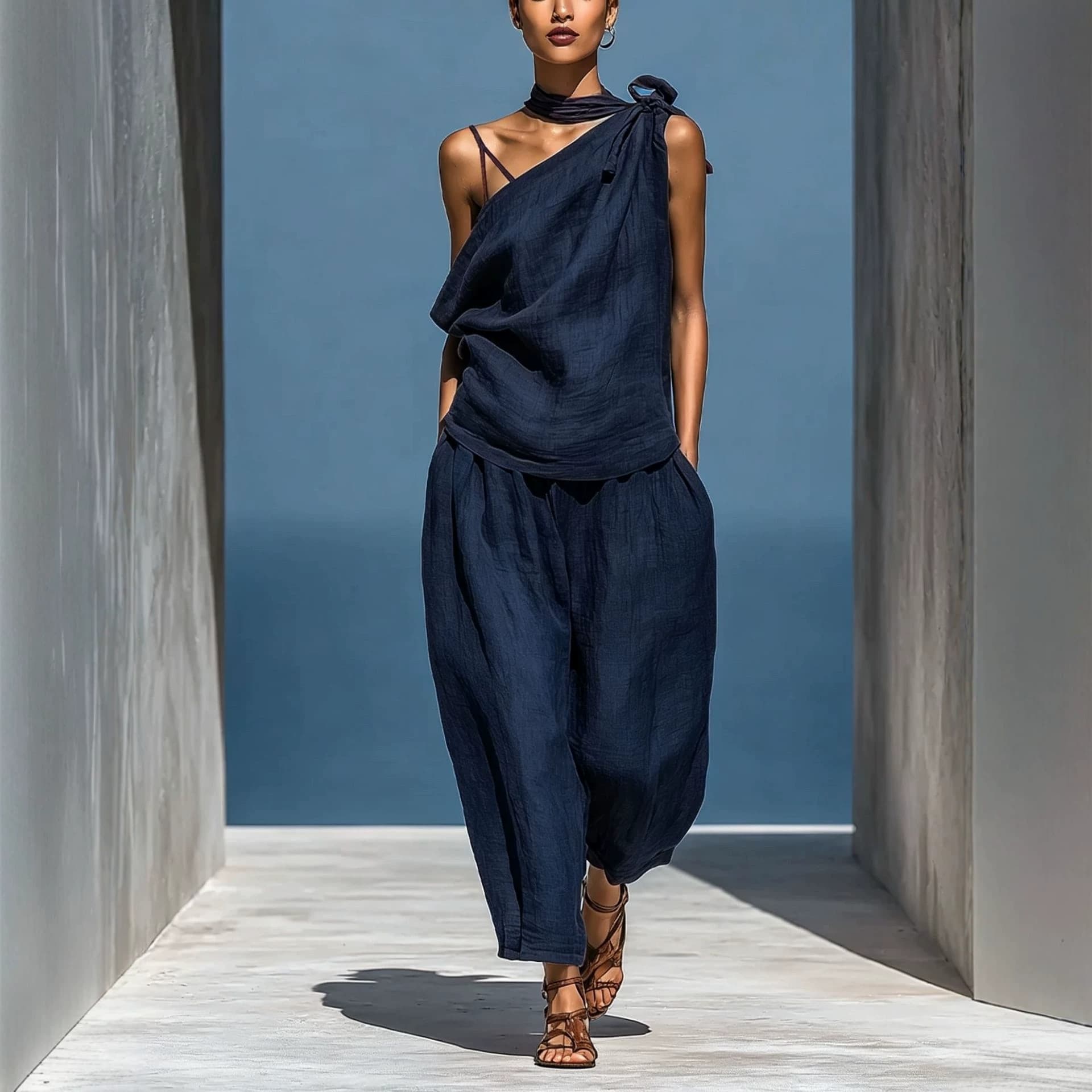 Dropped-shoulder Top And Loose-fitting Wide-leg Pants Set 7