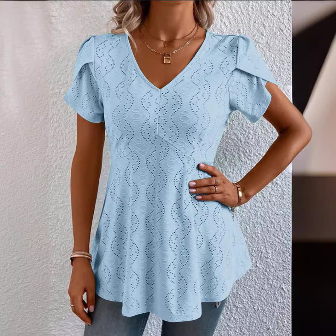 Solid-color V-neck Flutter-sleeve Casual 6