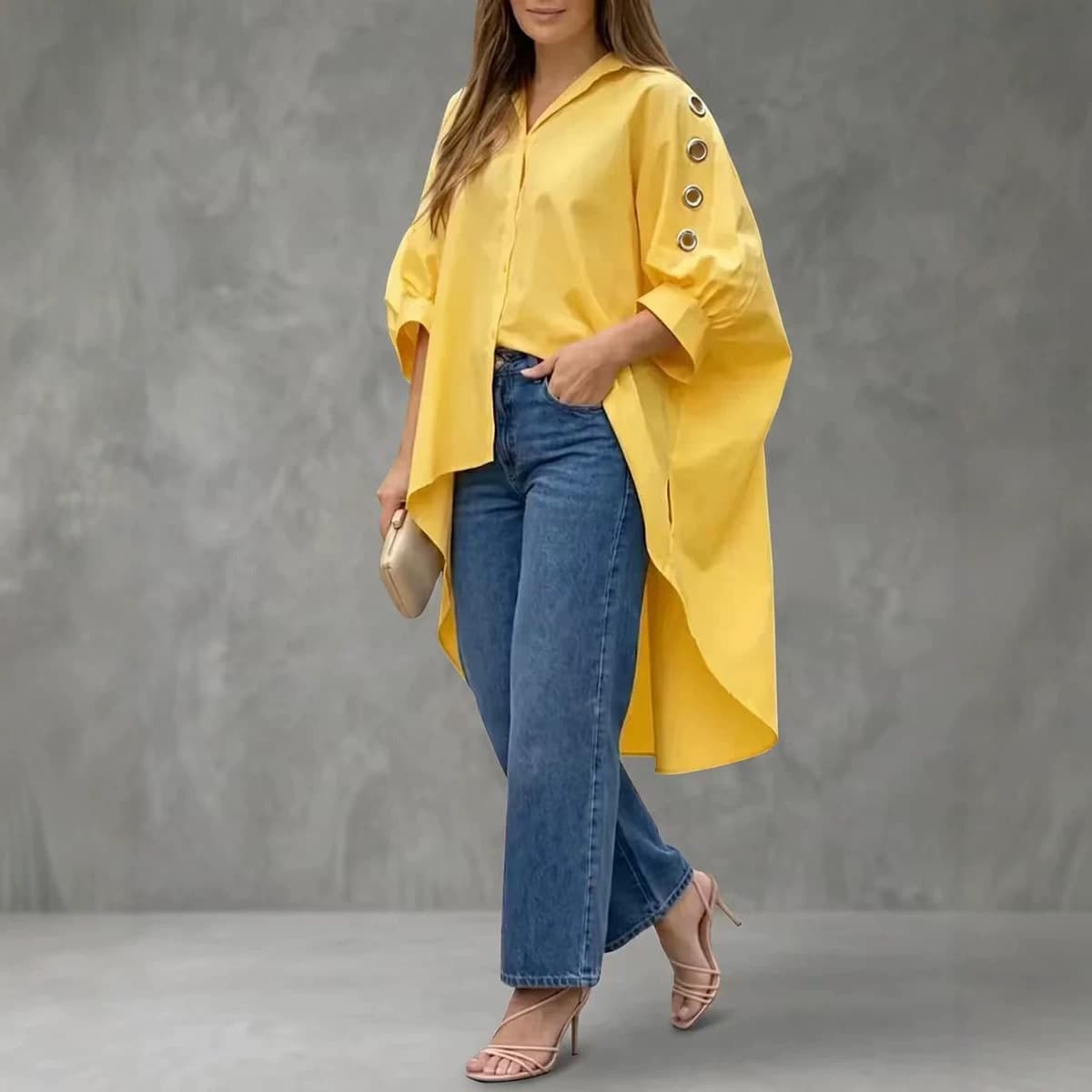 Womens Loose-fit Solid-color Long-sleeve Shirt 3