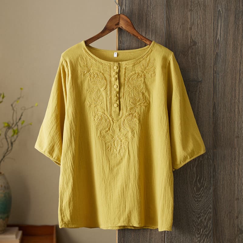 Womens Artistic Solid-Color Embroidered Cotton-Linen Top 3