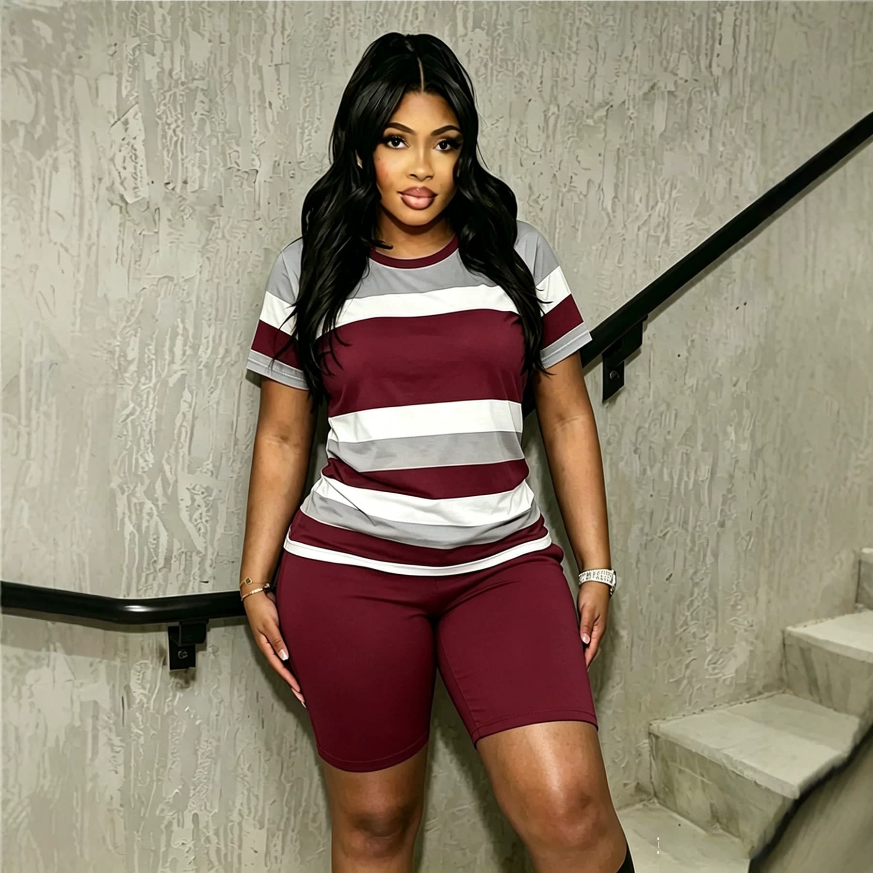 Womens Striped Short-Sleeve T-Shirt Casual Set 10