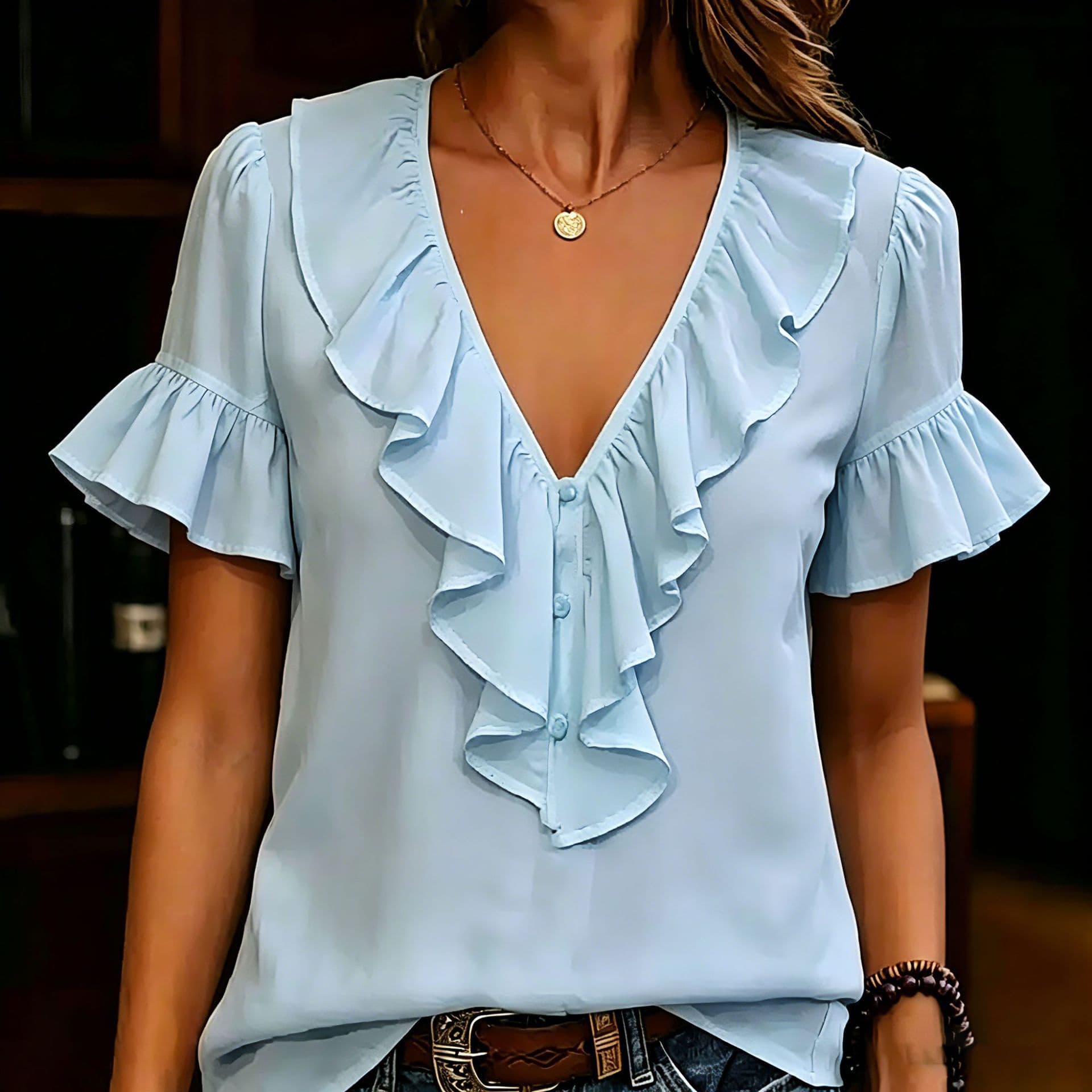 Womens Short-Sleeved T-Shirt With Ruffled Hem And V-Neck 6