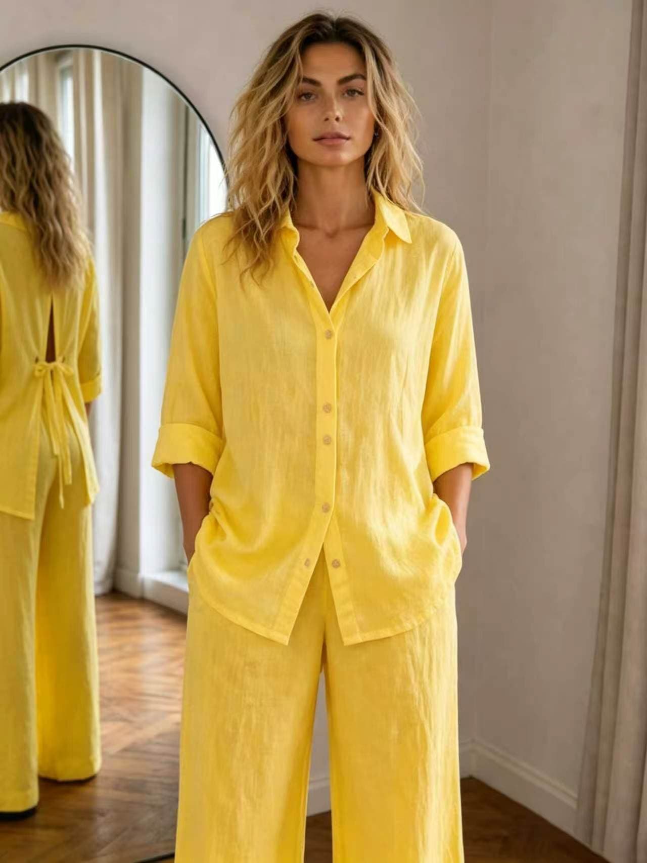 New Casual Solid-Color Trousers Summer Loose Single-Breasted Crepe Shirt Set 6