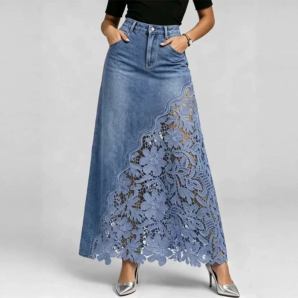 Washed Denim Lace-Panel Long Bodycon Skirt 5