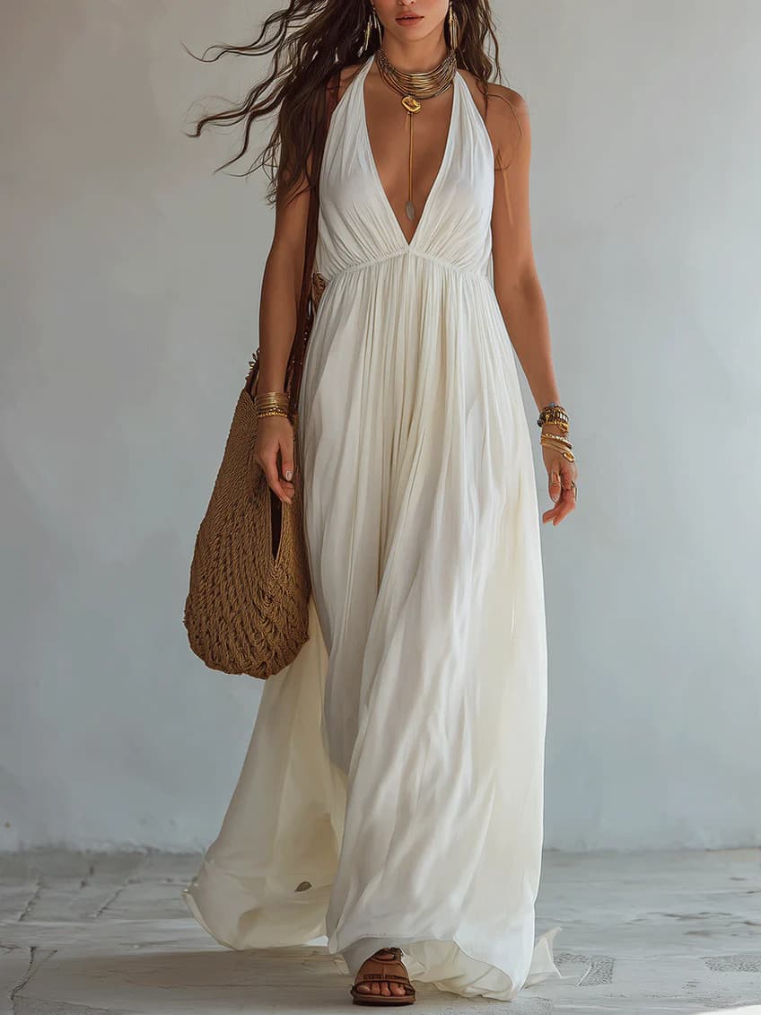 Deep V-neck Halter Backless Dress For Women 3