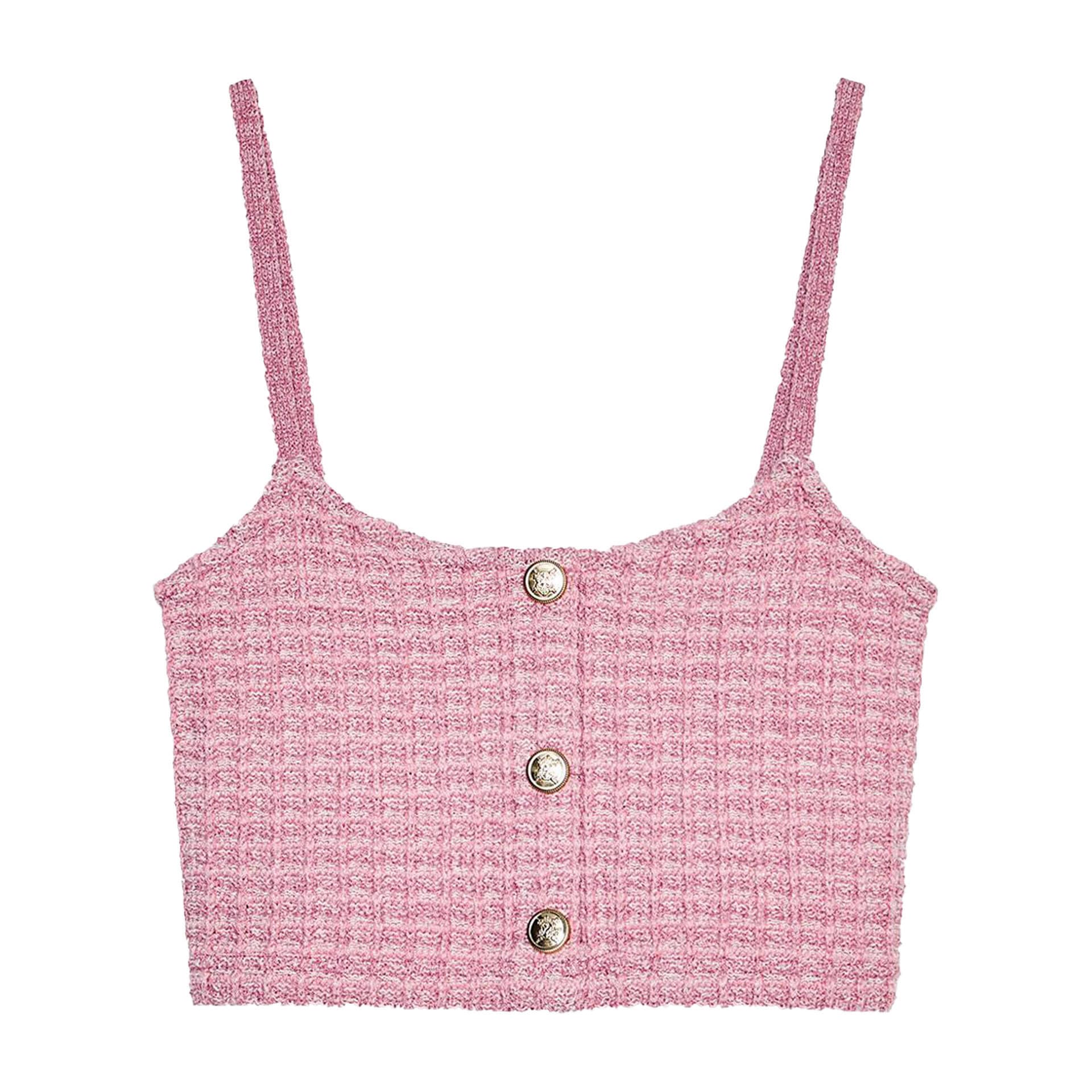 Sweet Metallic-buttoned Stretchy Straight-neck Camisole Short Top Womens Two-piece Set 4