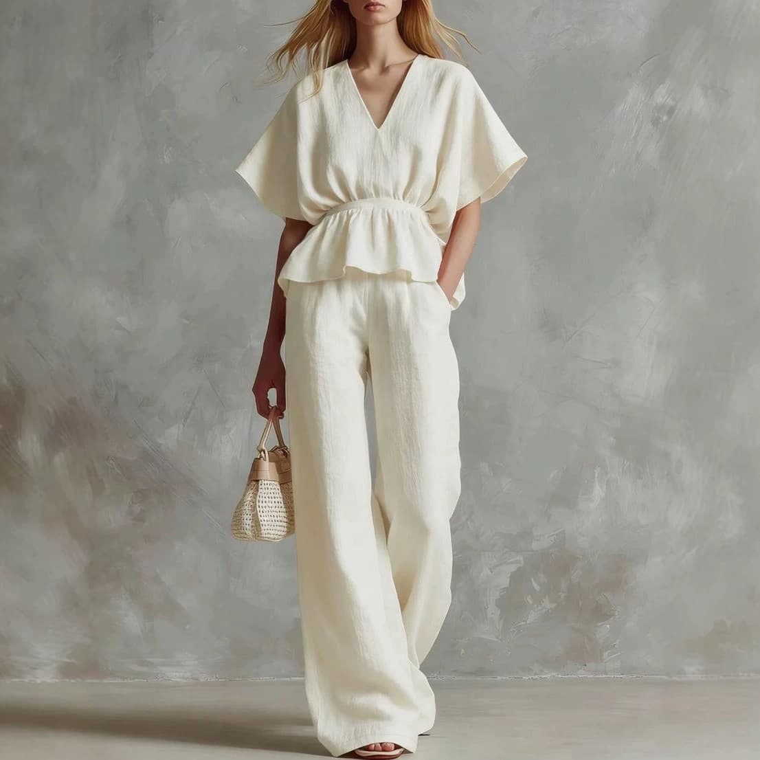 Womens V-neck Cinched-top And Wide-leg Pants Two-piece Set 6