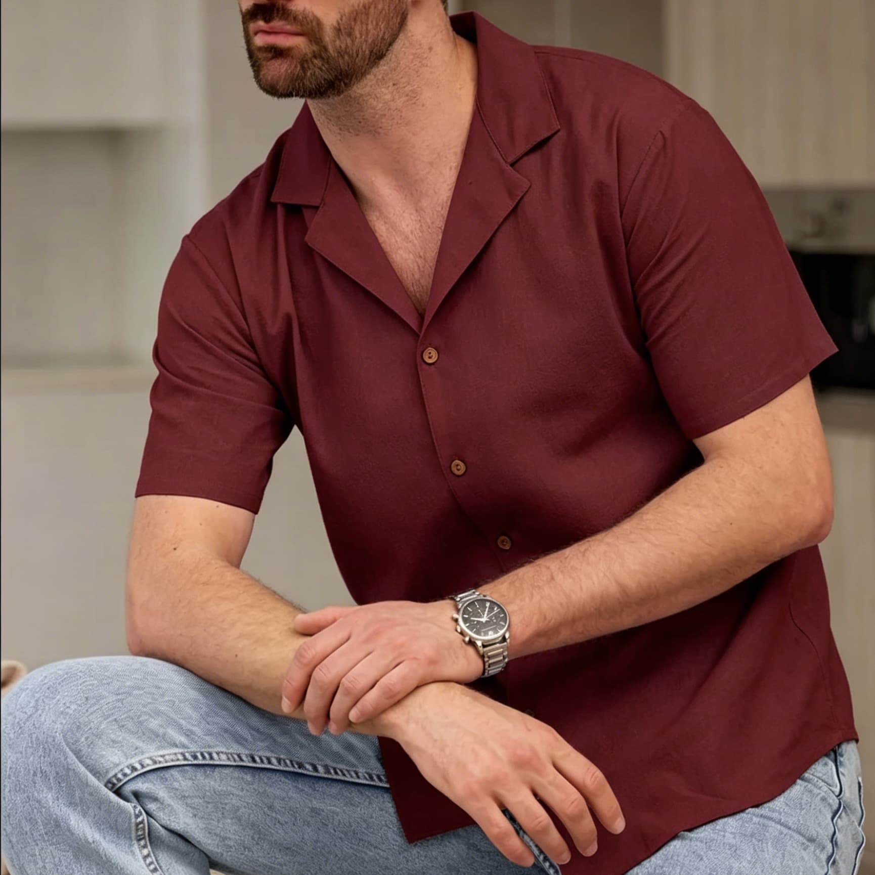 Mens Casual And Stylish Lapel Short-sleeve Cotton-linen Shirt 5