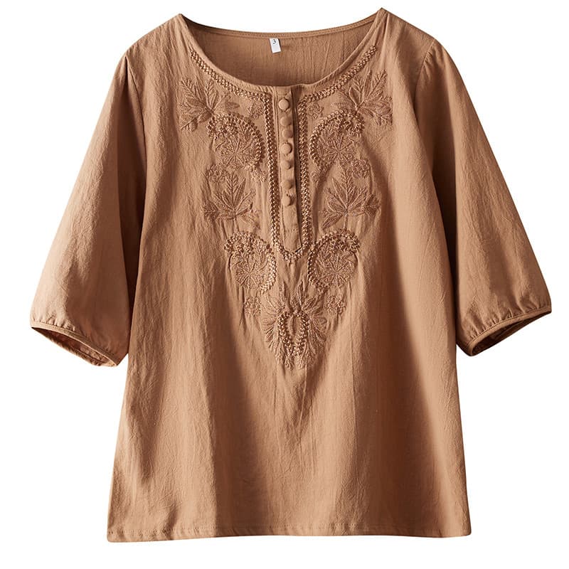 Womens Artistic Solid-Color Embroidered Cotton-Linen Top 6