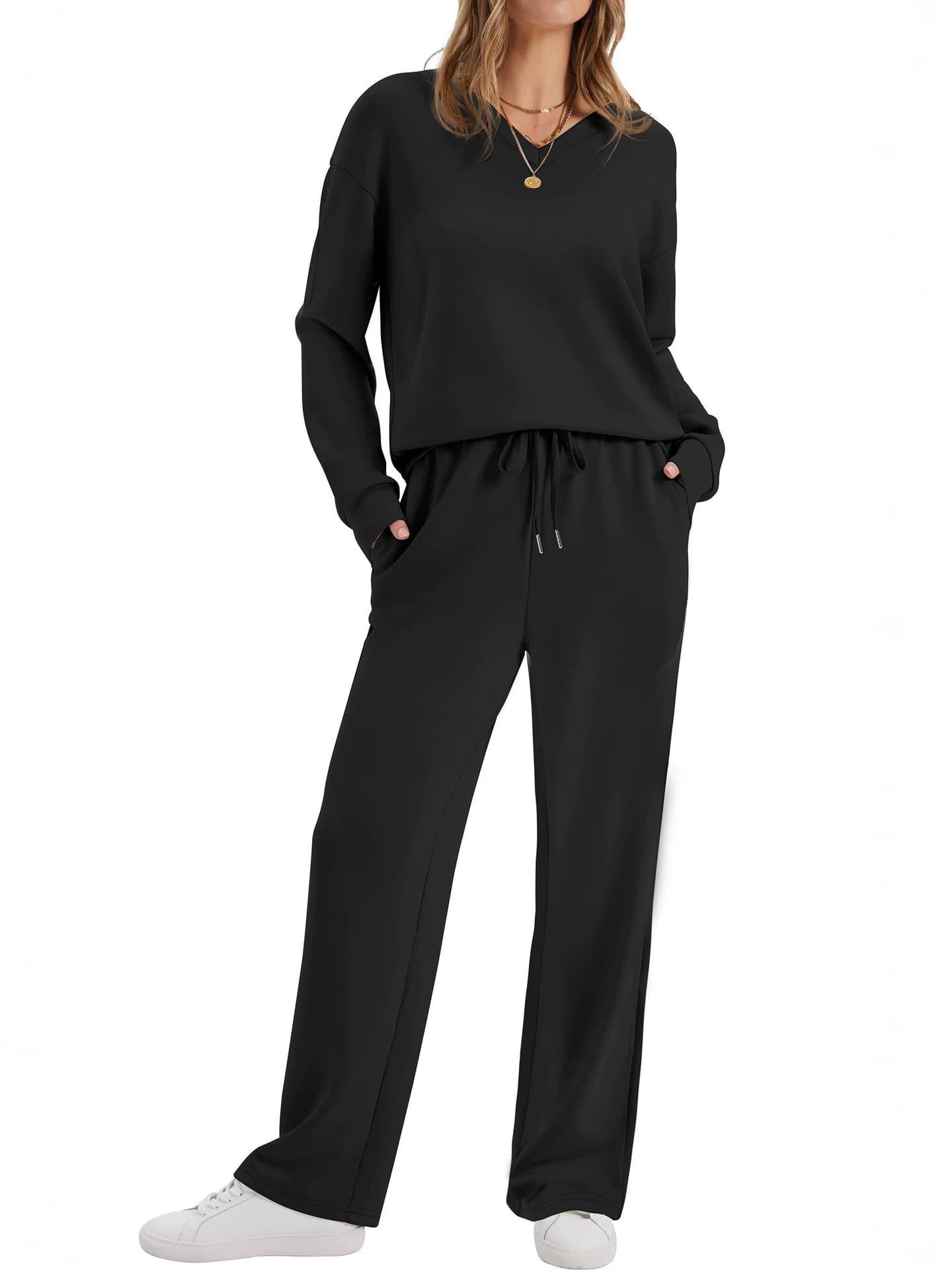 Womens Long-Sleeve Drawstring Casual Pants Set 8