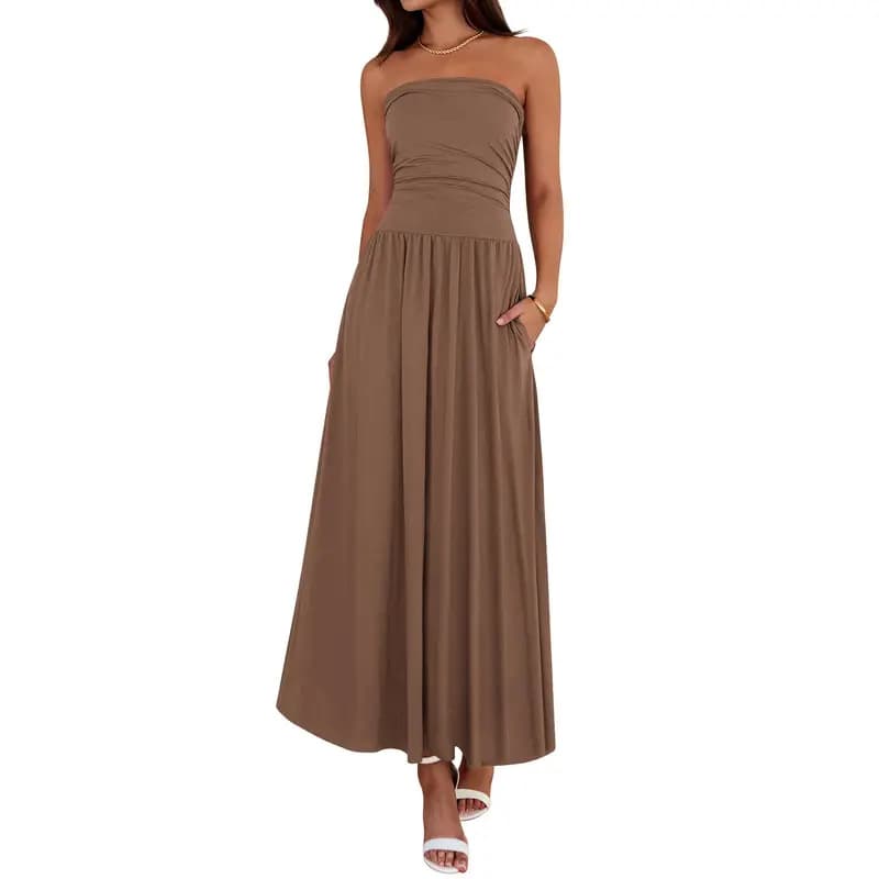 Vintage-tinged Pleated Patchwork Strapless Evening Dress 13