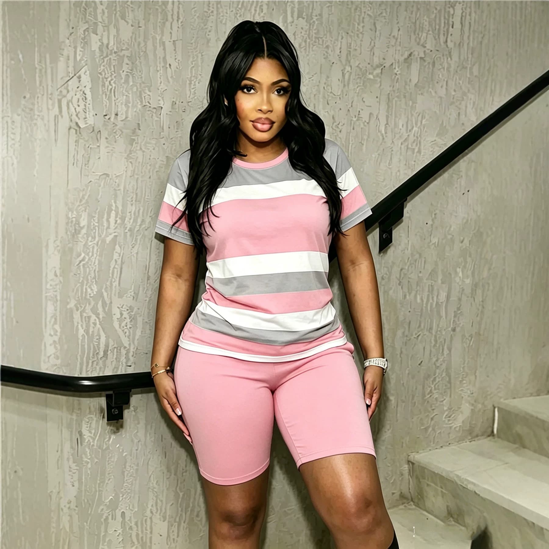 Womens Striped Short-Sleeve T-Shirt Casual Set 6
